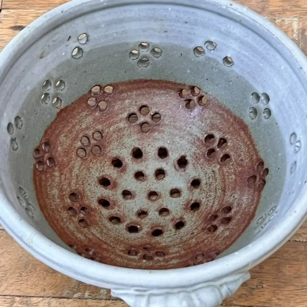 Art Studio Pottery Color Block Stoneware S Berry Bowl Colander 8.5" Handles - Picture 2 of 13